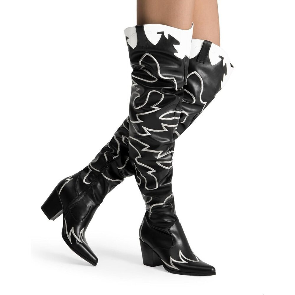 Women Black Faux Suede Cowboy Boots Over The Knee Thigh High Western Boots - Picture 6 of 7